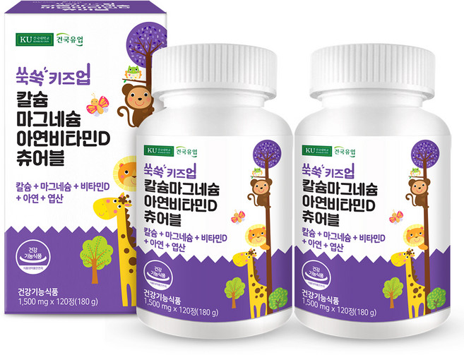 어린이 칼슘 — 건국유업 쑥쑥 키즈업 칼슘 마그네슘 아연 비타민D 츄어블 180g, 120정, 2개