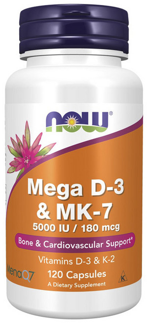 비타민D3 K2 — 나우푸드 메가 D-3 5000 lU & MK-7 180mcg 캡슐, 1개, 120정