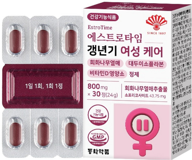 동화약품 에스트로타임 갱년기 여성 케어 회화나무열매 대두이소플라본 비타민D 영양제, 30정, 1개